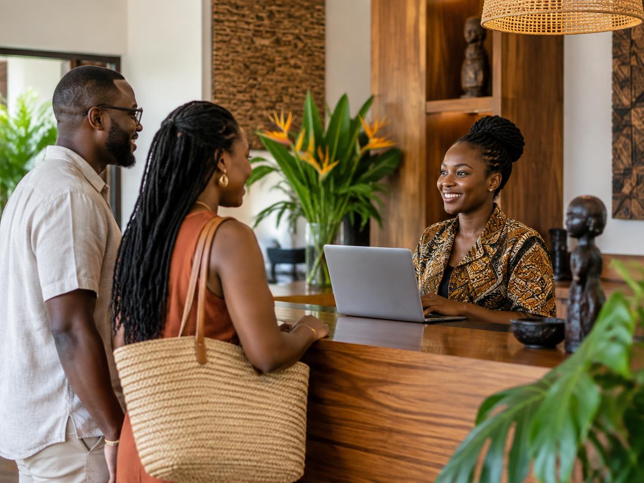 Ghanaian guesthouse receptionist welcoming guests