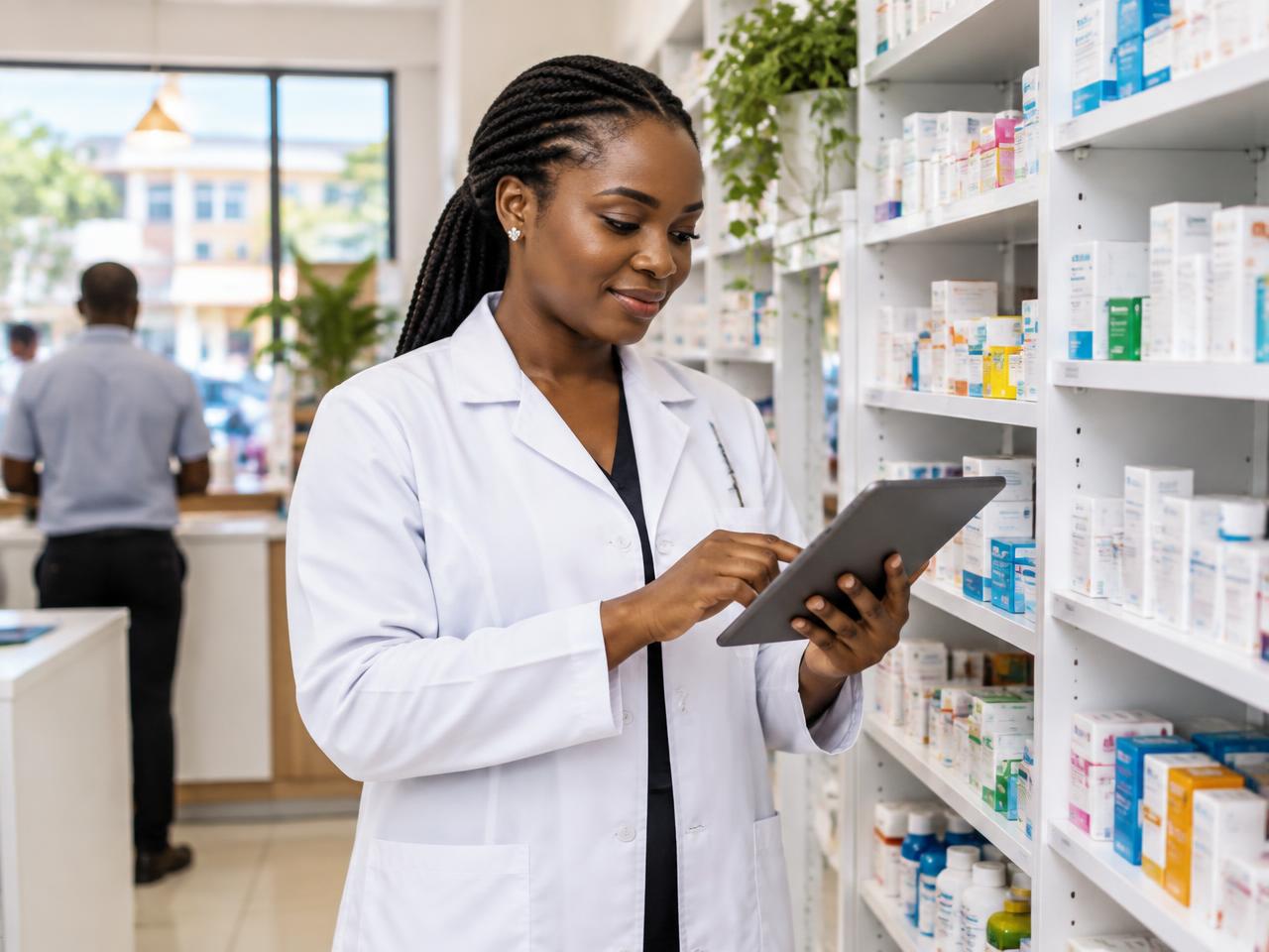 Ghanaian pharmacist checking products on a tablet