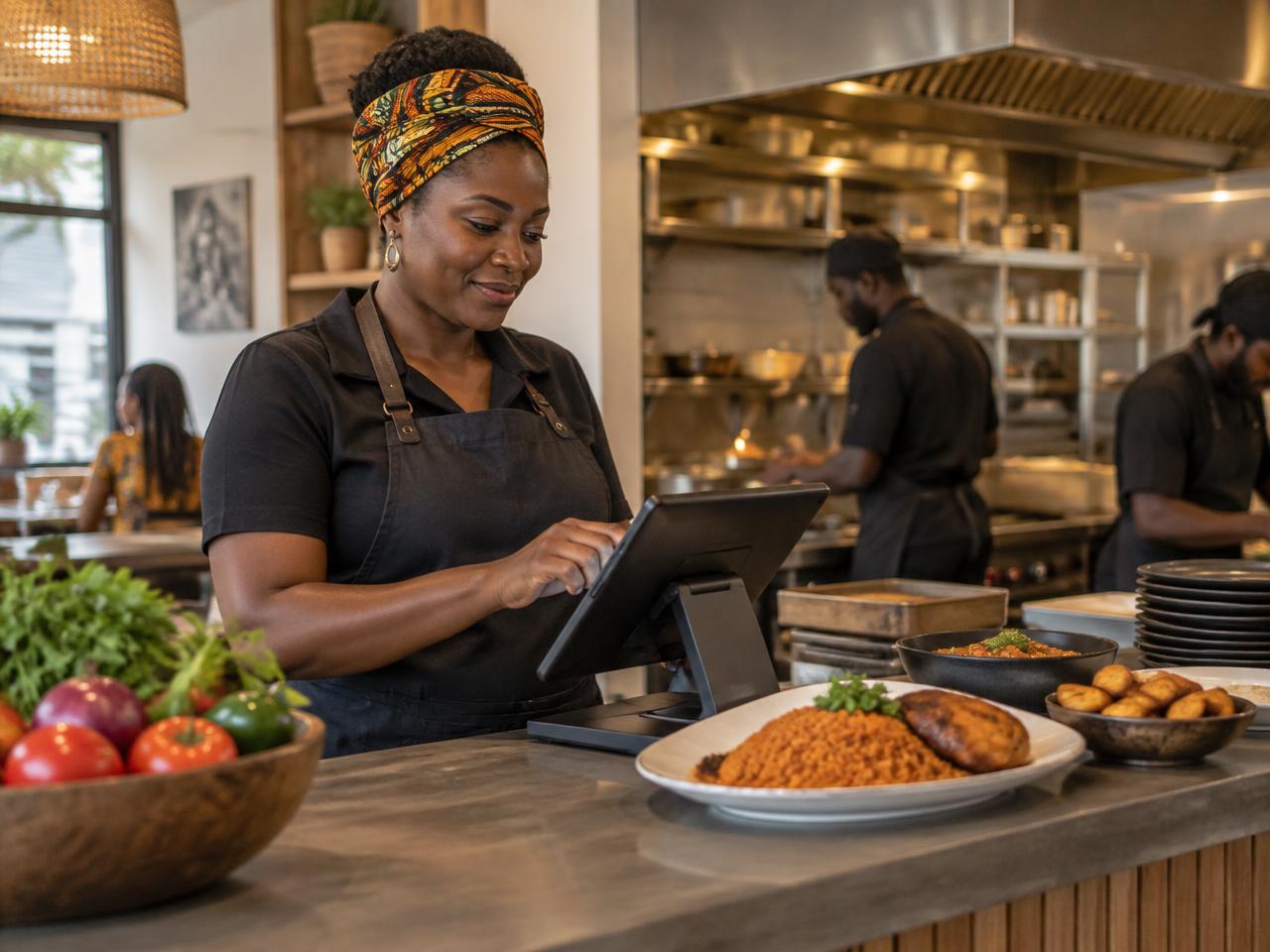 Ghanaian restaurant operator using a tablet at the counter