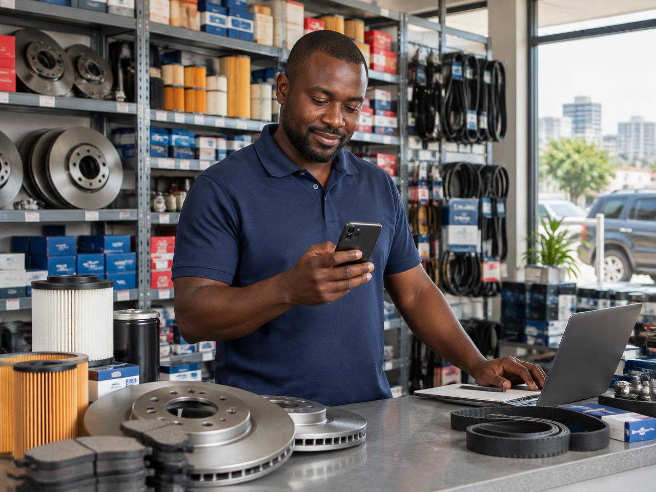 Ghanaian spare-parts seller using his phone in his shop