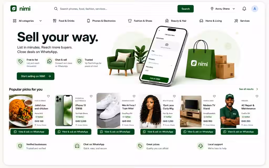 NIMI Marketplace showing products and services across food, phones, fashion, beauty, home and services